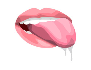 sexy lips. open mouth with tongue.Attractive female mouth with saliva. print for T-shirt or tattoo or mask . isolated on white background