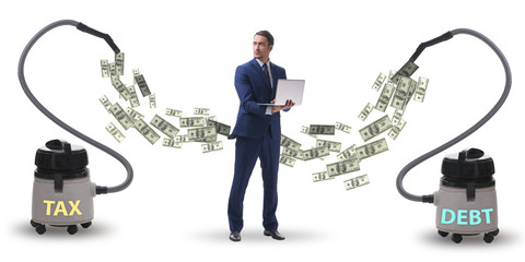 Businessman and vacuum cleaner sucking money out of him