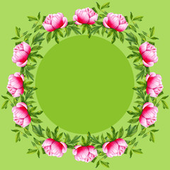 Watercolor peony flower round frame. Hand painted wreath isolated on green background. Floral design artwork for the poster, shirt, textile, wedding invitation, home decor, card