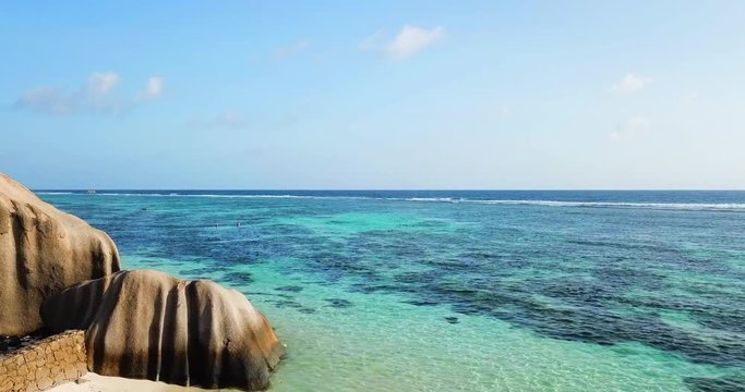 Aerial Forward Descending: Vast Waters of the Beach of La Digue Seychelles