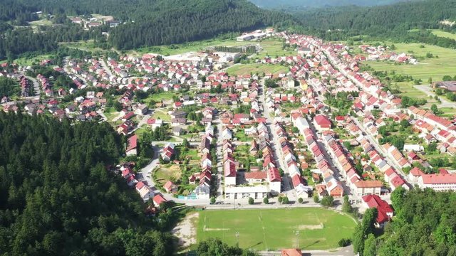 Croatia, town of Delnice, mountain landscape, panoramic view of town center from drone in summer