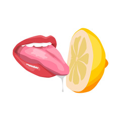 sexy women's tongue with saliva licks or tastes lemon. Attractive female mouth. print for T-shirt or tattoo. isolated on white background