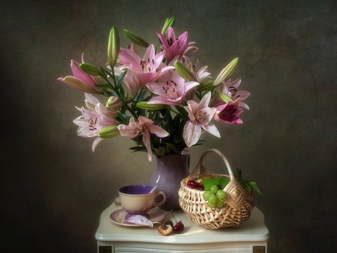 Still life with bouquet of lily on white vintage table
