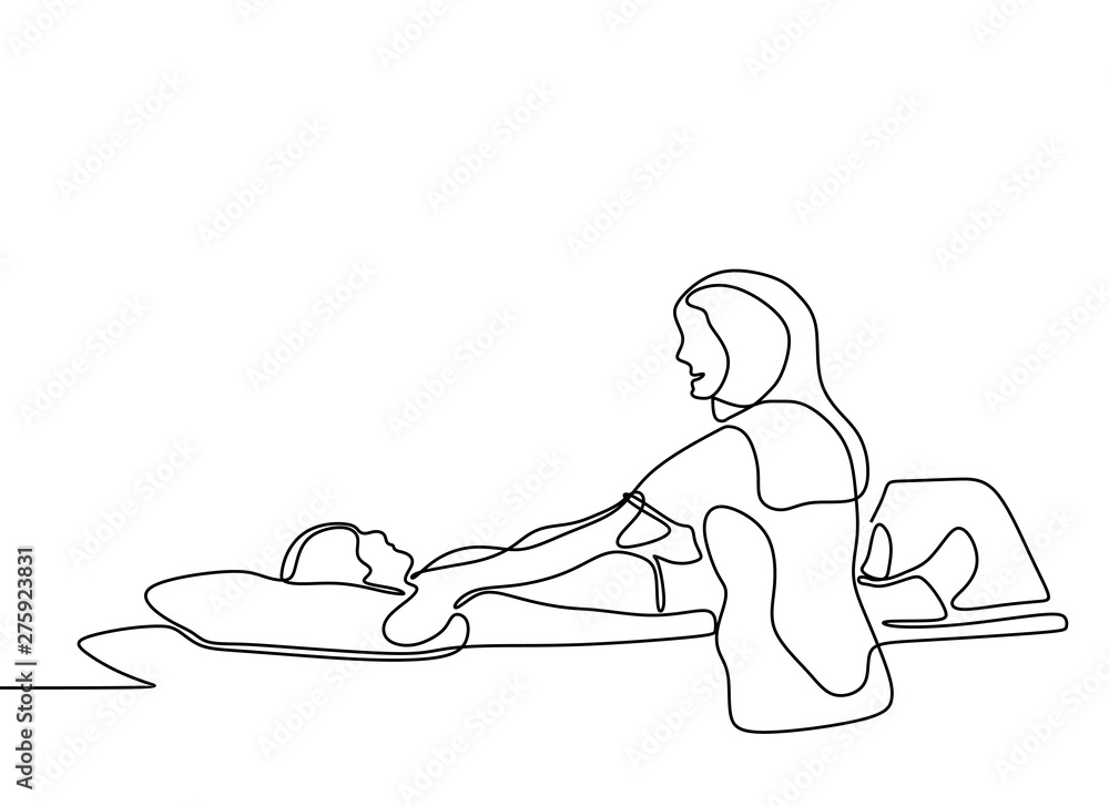 Poster continuous one line drawing of patent medical check up with xray isolated on white background with m