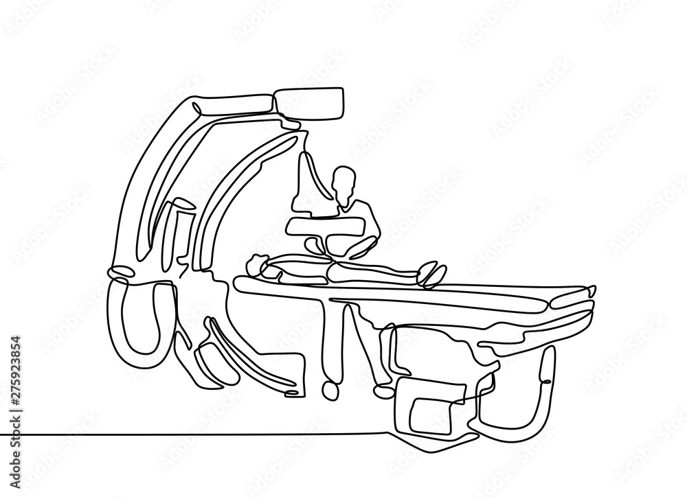 Poster continuous one line drawing of patent medical check up with xray isolated on white background with m