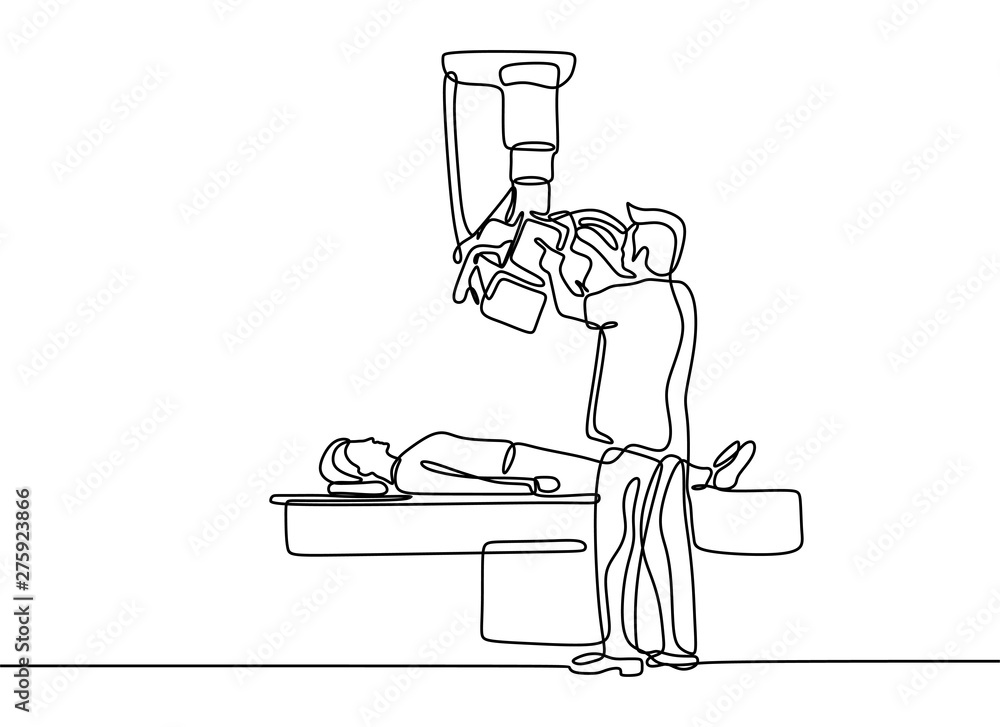 Poster continuous one line drawing of patent medical check up with xray isolated on white background with m