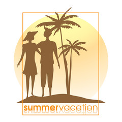 Summer Poster with Love Couple, Palms and Text - Summer Vacation. Vector Illustration.