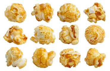 Rich collection of delicious caramel popcorn, isolated on white background - obrazy, fototapety, plakaty