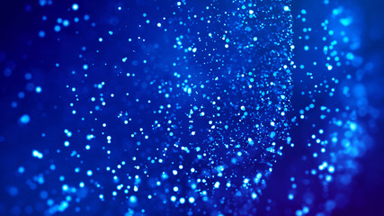 Microcosm. Glow blue particles on blue background are hanging in air for bright festive presentation with depth of field and light bokeh effects. Version 23