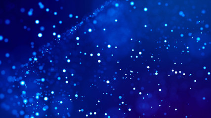 Microcosm. Glow blue particles on blue background are hanging in air for bright festive presentation with depth of field and light bokeh effects. Version 26
