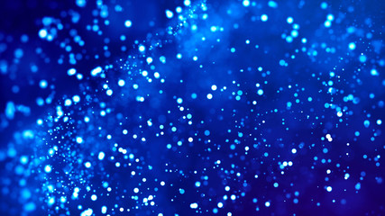 Microcosm. Glow blue particles on blue background are hanging in air for bright festive presentation with depth of field and light bokeh effects. Version 27