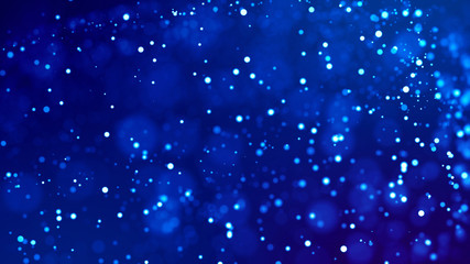 Science fiction. Glow blue particles on blue background are hanging in air for bright festive presentation with depth of field and light bokeh effects. Version 10