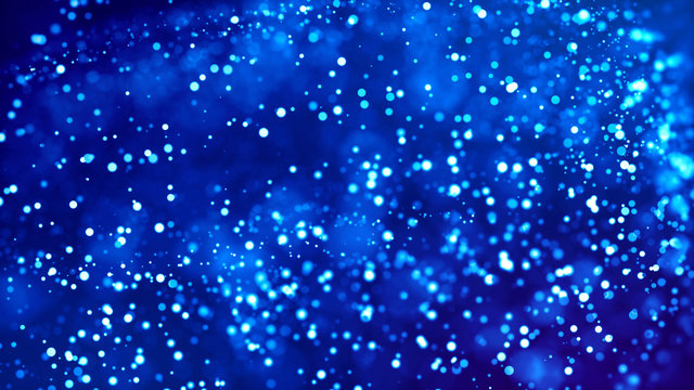 Science fiction. Glow blue particles on blue background are hanging in air for bright festive presentation with depth of field and light bokeh effects. Version 11