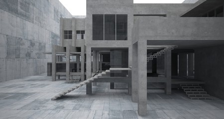 Abstract architectural concrete interior of a minimalist house. 3D illustration and rendering.