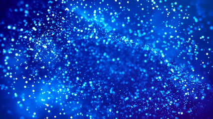 Obraz premium Science fiction. Glow blue particles on blue background are hanging in air for bright festive presentation with depth of field and light bokeh effects. Version 23