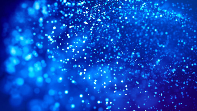 Science fiction. Glow blue particles on blue background are hanging in air for bright festive presentation with depth of field and light bokeh effects. Version 20