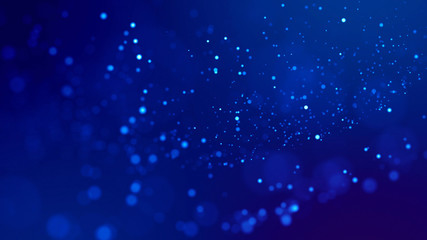 Sci-fi background. Glow blue particles on blue background are hanging in air for bright festive presentation with depth of field and light bokeh effects. Version 2