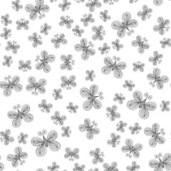 Seamless pattern of butterflies isolated on white background. Hand drawn vector illustration. Outline