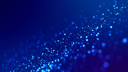 Sci-fi background. Glow blue particles on blue background are hanging in air for bright festive...