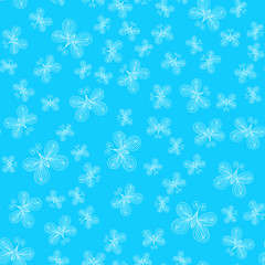 Seamless pattern of butterflies isolated on blue background. Hand drawn vector illustration. Outline