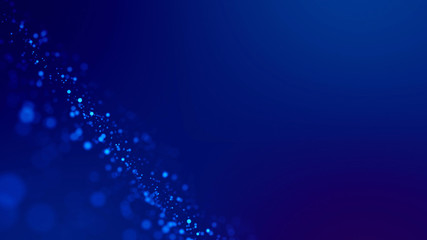 Sci-fi background. Glow blue particles on blue background are hanging in air for bright festive presentation with depth of field and light bokeh effects. Version 7