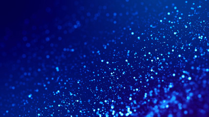 Naklejka na ściany i meble Micro world. Glow blue particles on blue background are hanging in air for bright festive presentation with depth of field and light bokeh effects. Version 1