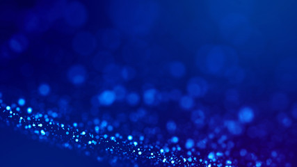 Micro world. Glow blue particles on blue background are hanging in air for bright festive...