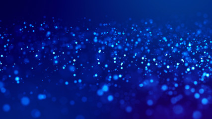 Micro world. Glow blue particles on blue background are hanging in air for bright festive presentation with depth of field and light bokeh effects. Version 5