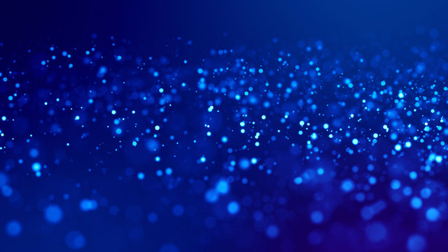 Micro world. Glow blue particles on blue background are hanging in air for bright festive presentation with depth of field and light bokeh effects. Version 5