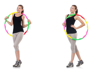 Young woman with hula hoop isolated on white 