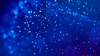 Micro world. Glow blue particles on blue background are hanging in air for bright festive presentation with depth of field and light bokeh effects. Version 21