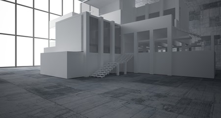 Abstract architectural white interior of a minimalist house with concrete background . 3D illustration and rendering.