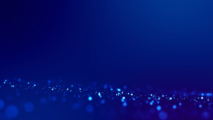 Micro world. Glow blue particles on blue background are hanging in air for bright festive...