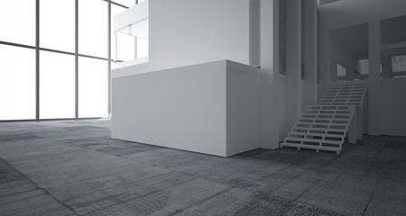 Abstract architectural white interior of a minimalist house with concrete background . 3D illustration and rendering.