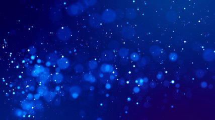 Micro world. Glow blue particles on blue background are hanging in air for bright festive presentation with depth of field and light bokeh effects. Version 27