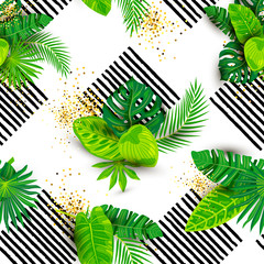 Seamless pattern with tropical leaves, golden confetti and black stripes. Vector illustration.