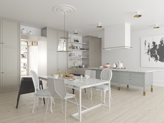 3d render. Modern kitchen and dining room interior.