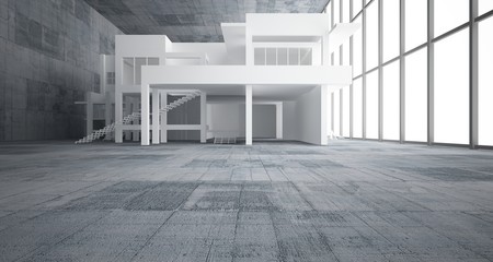 Abstract architectural white interior of a minimalist house with concrete background . 3D illustration and rendering.