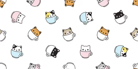 Foto op Plexiglas Katten kat naadloze patroon vector katje koffiekopje calico ras sjaal geïsoleerd cartoon herhalen achtergrond tegel behang illustratie pastel ontwerp