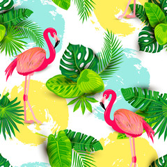 Seamless pattern with tropical exotic leaves and pink flamingos. Vector illustration.
