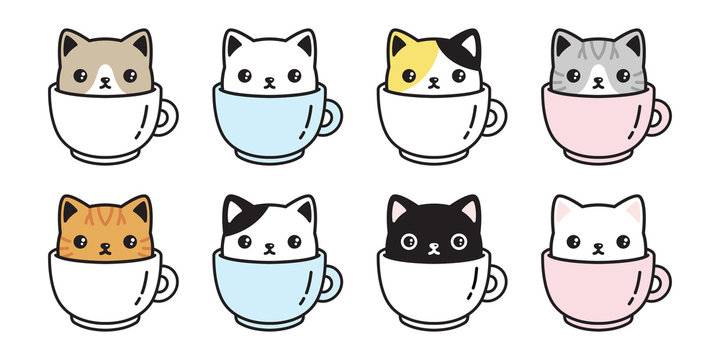 cat vector icon kitten coffee cup calico logo fish symbol cartoon character illustration doodle design