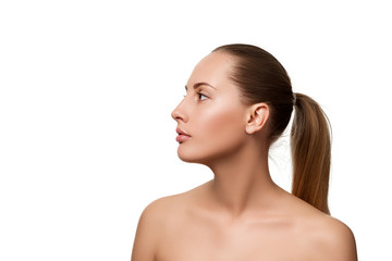 Beauty profile portrait of female face with natural skin. model with light nude make-up isolated on white background