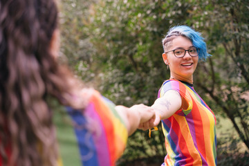 Feel free of showing your true self. Lesbian couple in love.