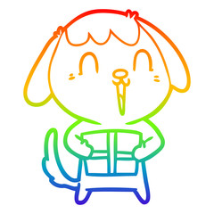 rainbow gradient line drawing cute cartoon dog with christmas present