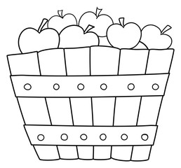 Wooden basket with apples. Outline vector illustration. Coloring book for children.