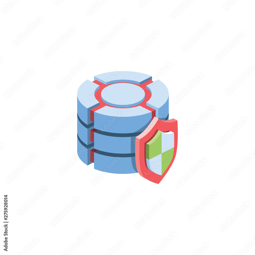 Poster database security shield. vector 3d isometric color icon new flat style. creative illustration, idea