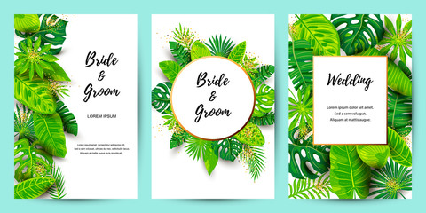 Wedding invitation set with exotic jungle leaves. Vector illustration tropical template. Place for text. Great for flyer, party invitation, ecological concept, wedding. Save the date card.