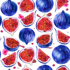 Watercolor illustration, pattern. Figs on white background.