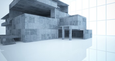 Abstract architectural concrete interior of a minimalist house with white background . 3D illustration and rendering.