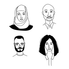 Arabian women's men's head portraits. Mono-ethnic team gruop crowd community.